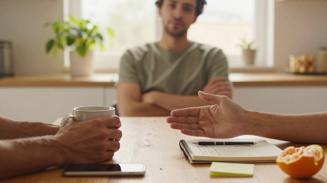 Três pessoas conversando à mesa com caderno, caneca, telemóvel e laranja sobre a mesa.