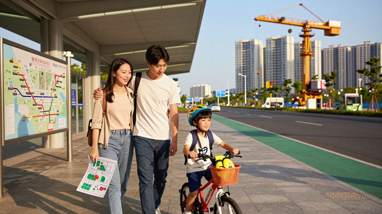 Família a passear junto a uma paragem de autocarro, com uma criança a andar de bicicleta, mapa e edifícios ao fundo.