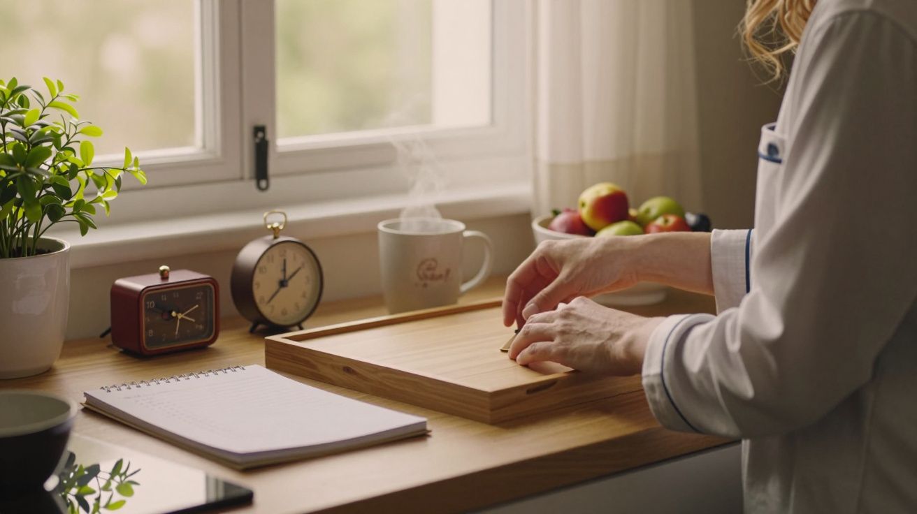 Mãos segurando uma bandeja de madeira numa cozinha com caneca, bloco de notas, maçãs, relógios e planta junto à janela.