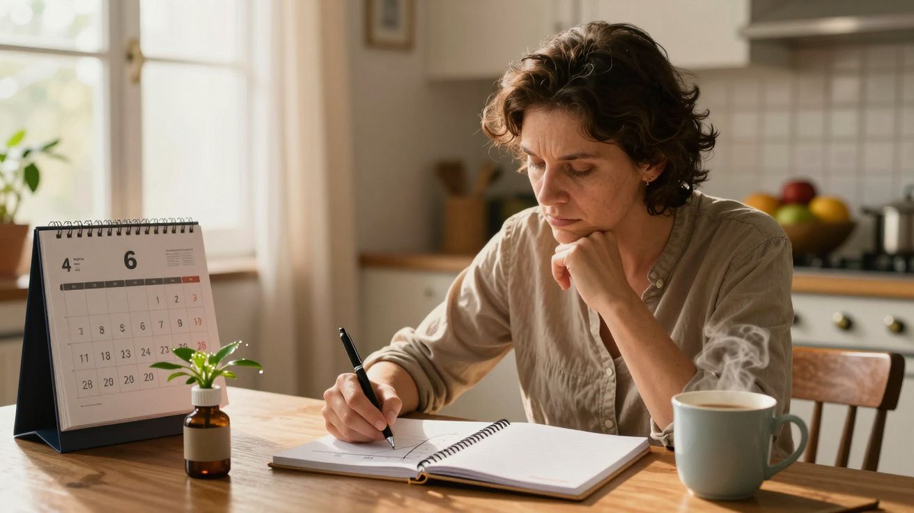 Mulher escrevendo numa mesa com chávena de café, calendário, caderno e pequeno vaso com planta ao lado.