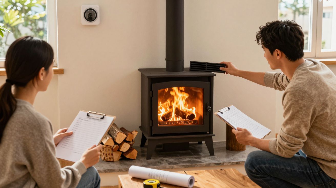 Duas pessoas verificam uma salamandra a lenha acesa, segurando pranchetas e verificando detalhes na sala acolhedora.