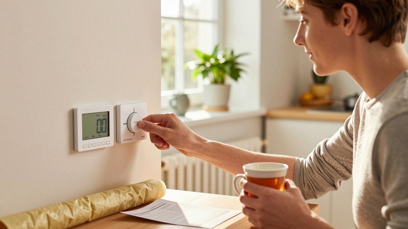 Pessoa ajusta termóstato na parede enquanto segura chá, numa cozinha iluminada pelo sol.