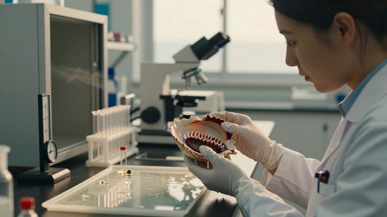 Cientista em laboratório examina amostra de concha sob luz natural, com luvas, perto de microscópio.