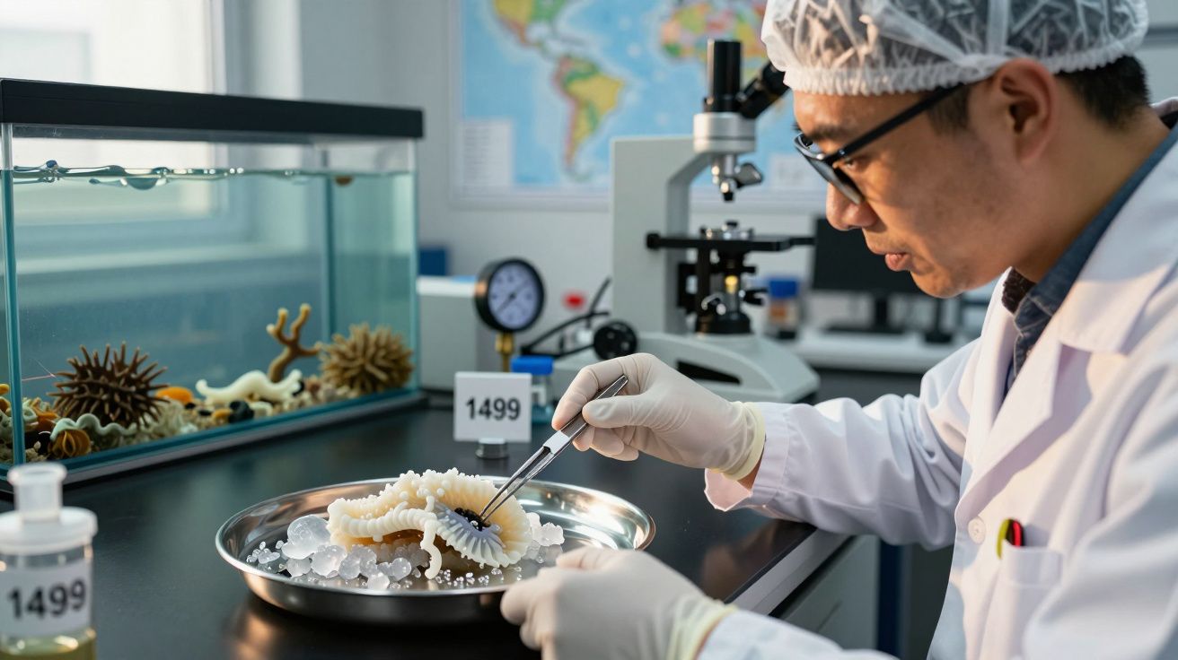 Cientista analisa amostra marinha em laboratório, usando pinças, com aquário e microscópio ao fundo.