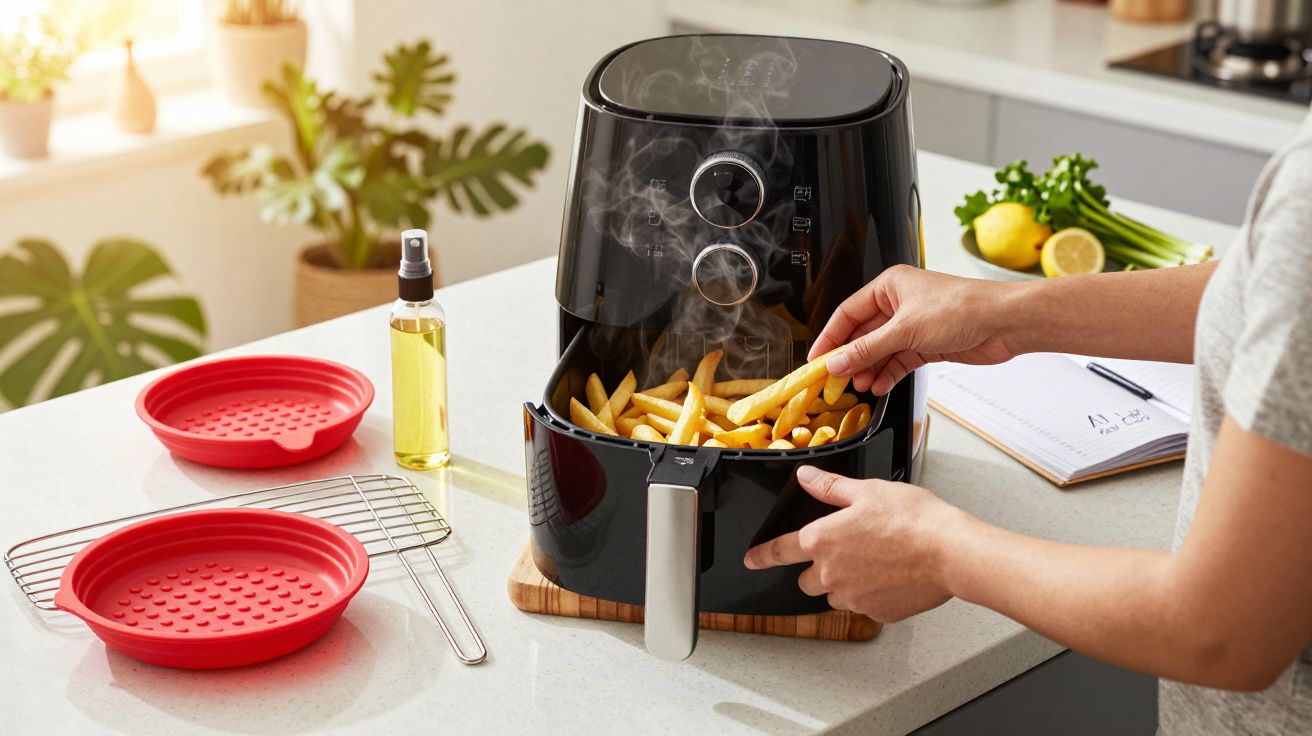 Pessoa retirando batatas fritas de uma fritadeira a ar num balcão de cozinha, ao lado de pratos e azeite.