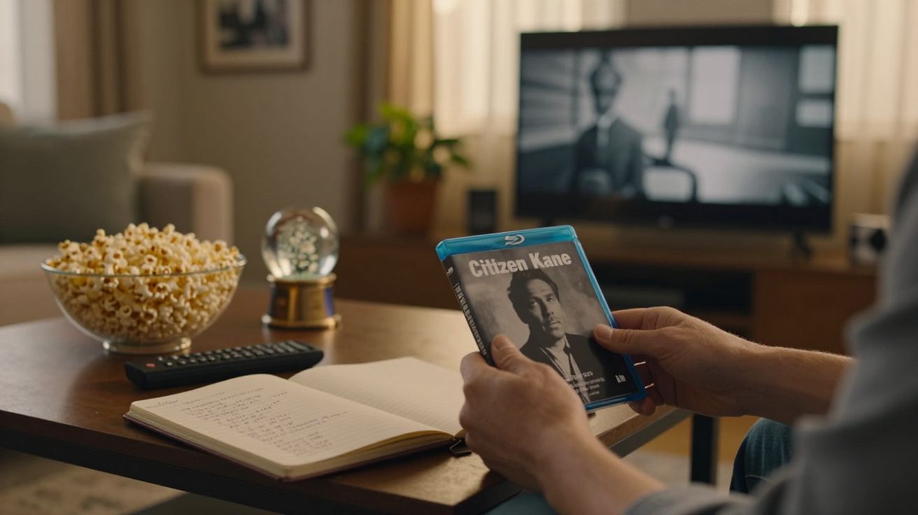 Pessoa segura Blu-ray de "Citizen Kane" numa sala com televisão ligada, caderno, pipocas e comando na mesa.