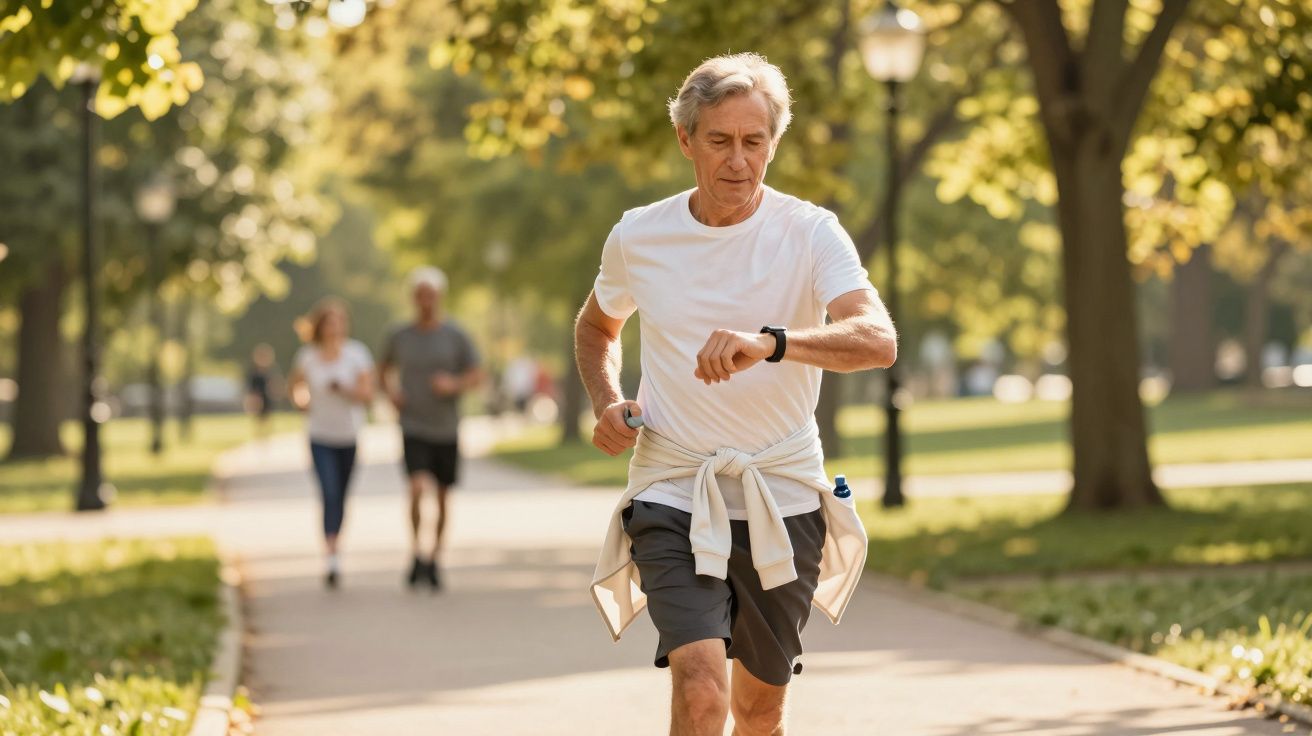 Homem idoso a correr num parque, verificando o relógio, com pessoas a correr ao fundo e árvores em redor.