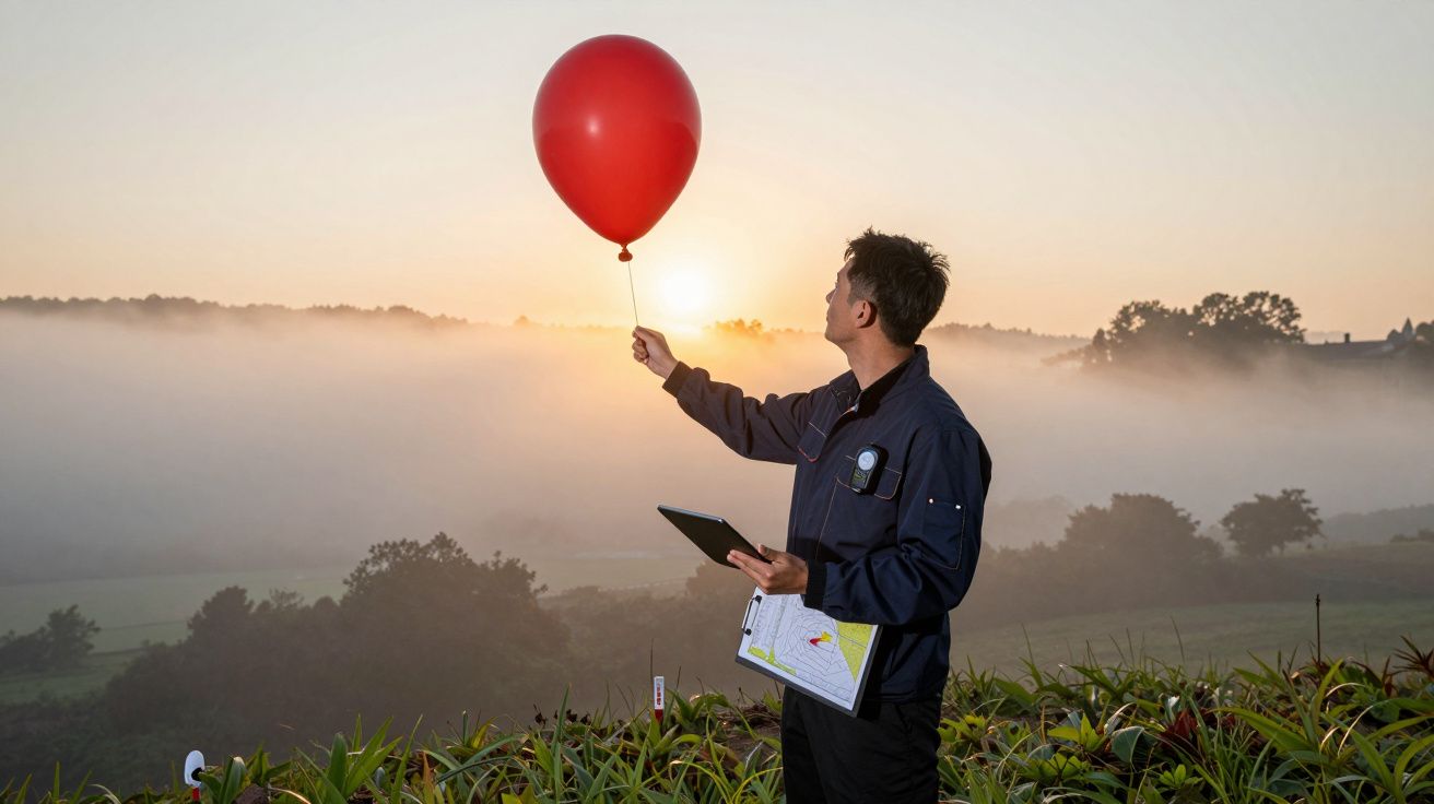 Homem a segurar um balão vermelho ao amanhecer, observando o campo enevoado com uma prancheta na mão.