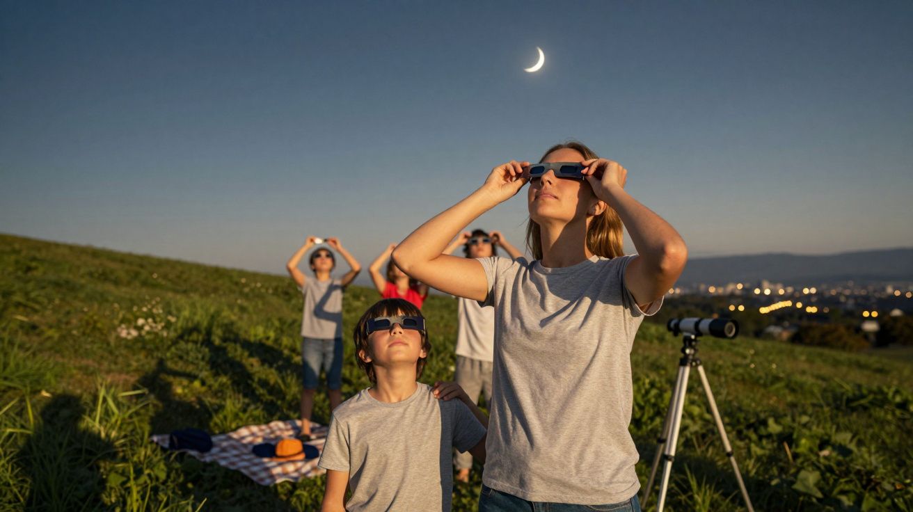 Grupo observa eclipse solar com óculos de proteção ao ar livre, ao entardecer, num campo verde com cidade ao fundo.