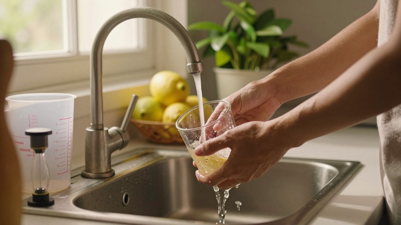 Pessoa lava as mãos em água corrente numa pia de cozinha, com limões ao fundo.
