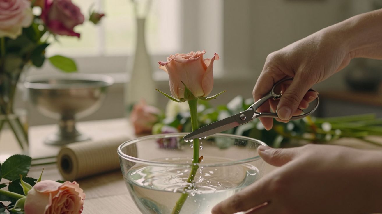Mãos cortam caule de rosa cor-de-rosa sobre taça de água, com flores e materiais ao fundo.
