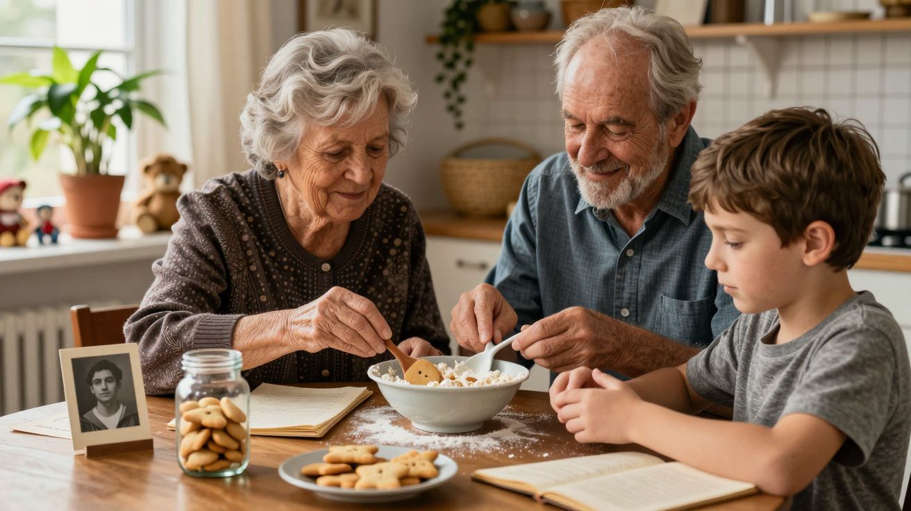 Avós e neto fazem biscoitos numa cozinha, rodeados por livros e uma fotografia antiga.