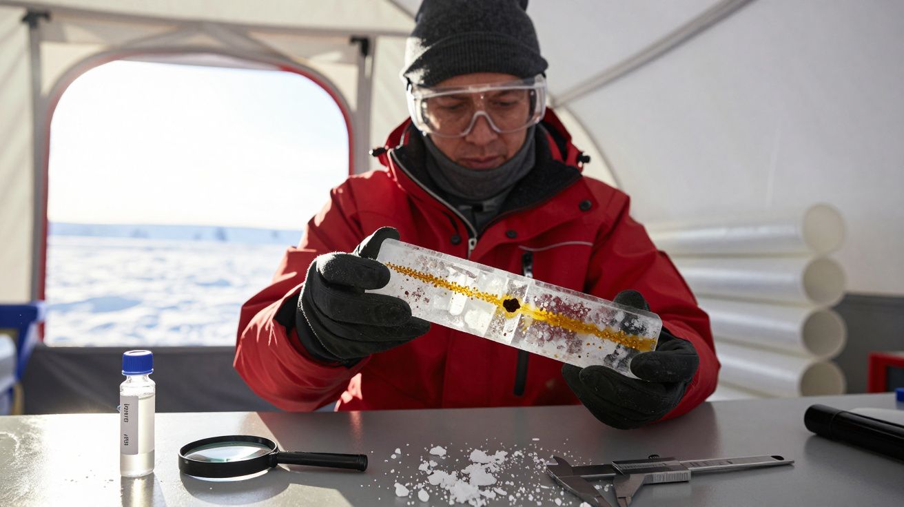 Cientista analisa núcleo de gelo num laboratório temporário na neve, com lupa e instrumentos de medição na mesa.