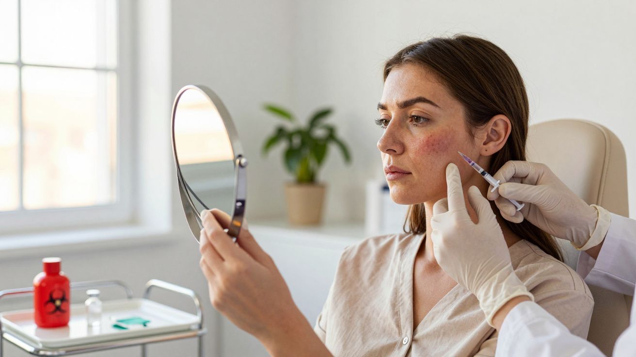 Mulher recebe tratamento facial com injeção enquanto segura espelho, num consultório médico com planta ao fundo.