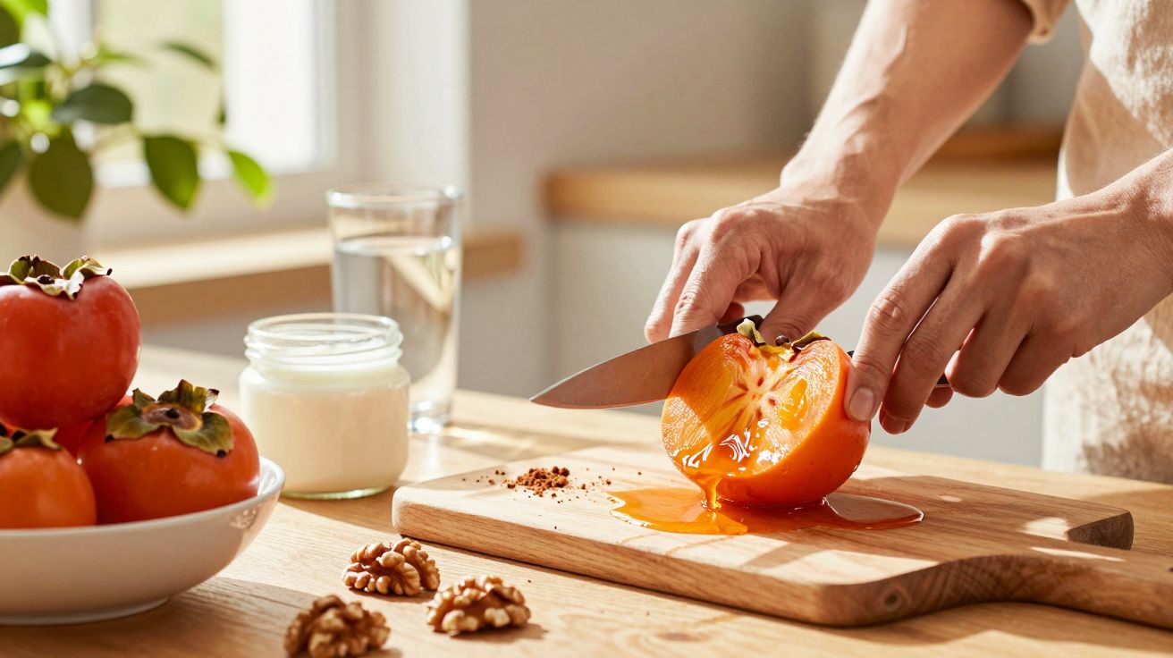 Pessoa a cortar um dióspiro numa tábua de madeira, com nozes e um copo de água ao lado.
