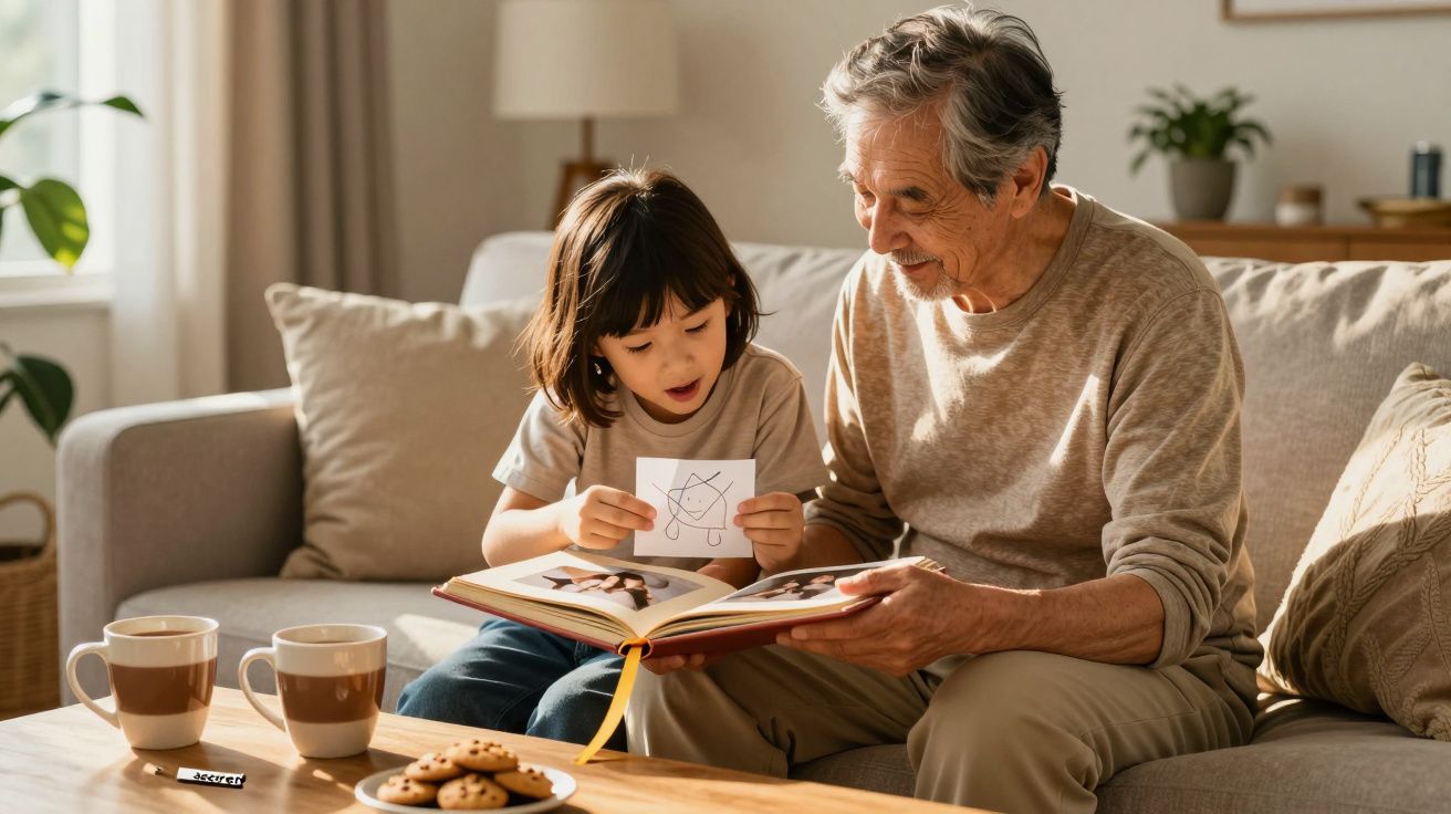 Avô e neta a ler álbum de fotografias no sofá, com chávenas e bolachas na mesa.