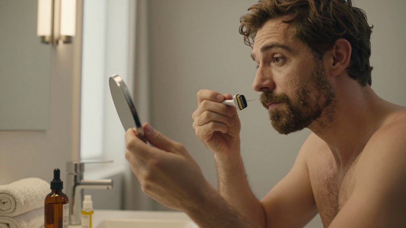 Homem usa dermaroller facial enquanto se olha ao espelho na casa de banho. Toalhas e produtos de cuidado pessoal ao fundo.