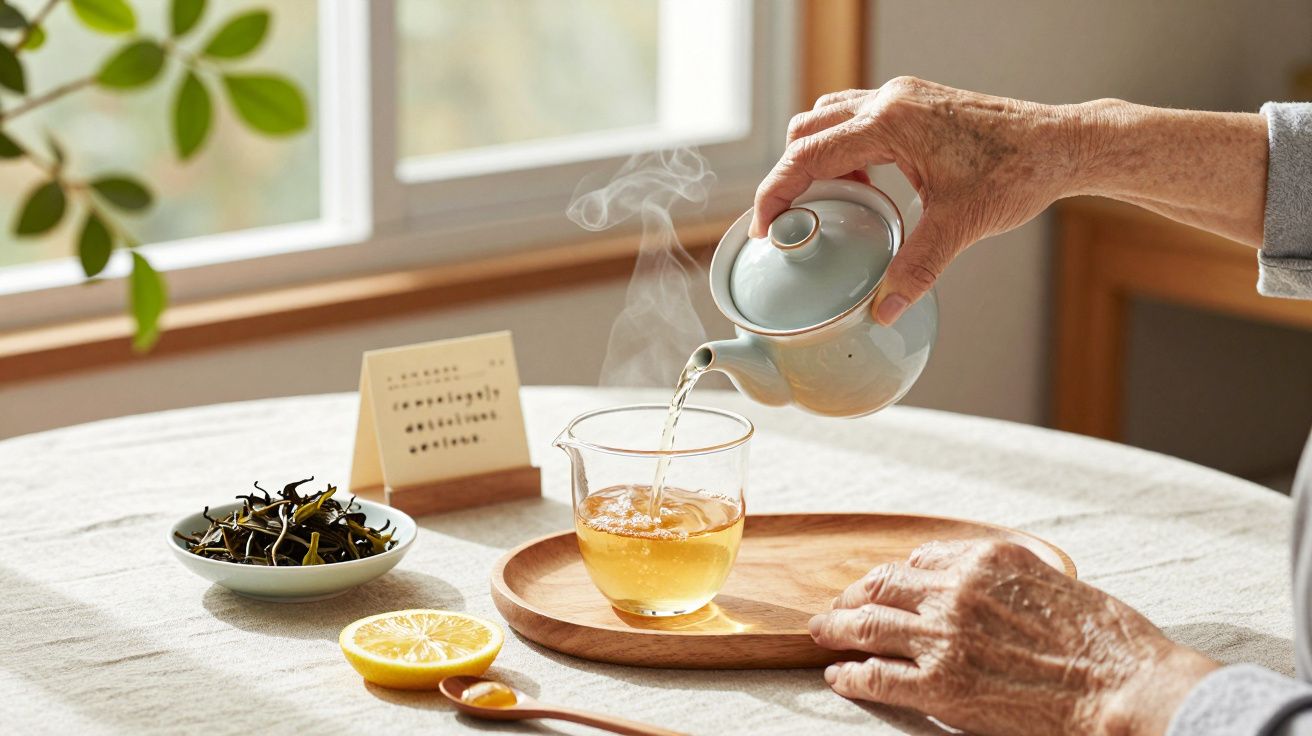 Mãos de pessoa idosa servindo chá quente numa chávena de vidro sobre uma mesa com limão e folhas de chá ao lado.