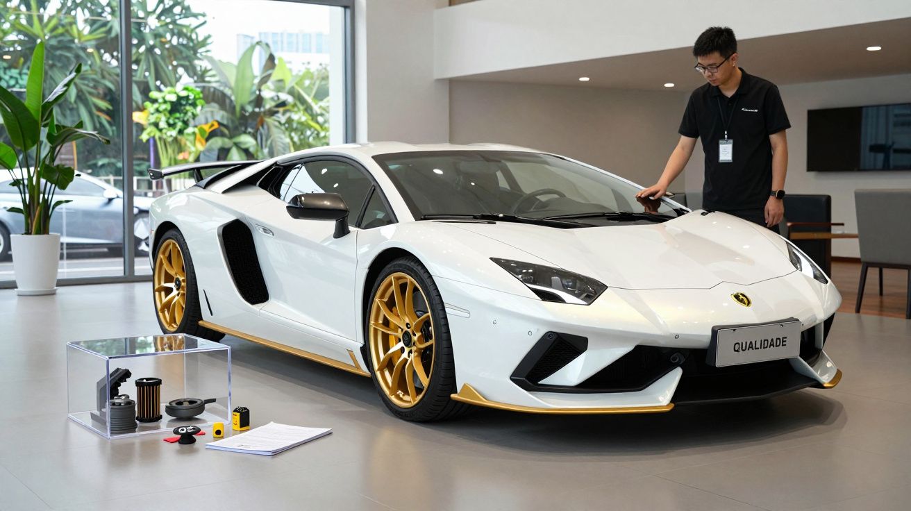 Homem limpa um carro desportivo branco com rodas douradas num showroom, ao lado de peças expostas em caixa de vidro.