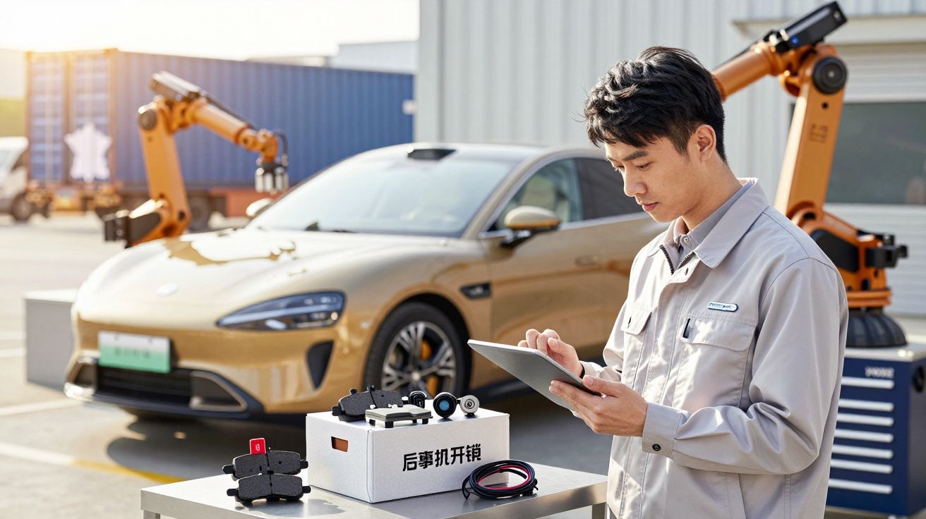 Homem usando tablet ao lado de carro dourado, com robôs na área industrial ao fundo.