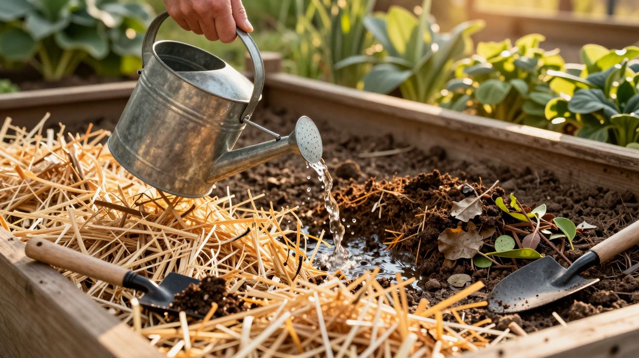 Mão rega plantações em canteiro com palha e ferramentas de jardinagem; fundo com vegetação verde.
