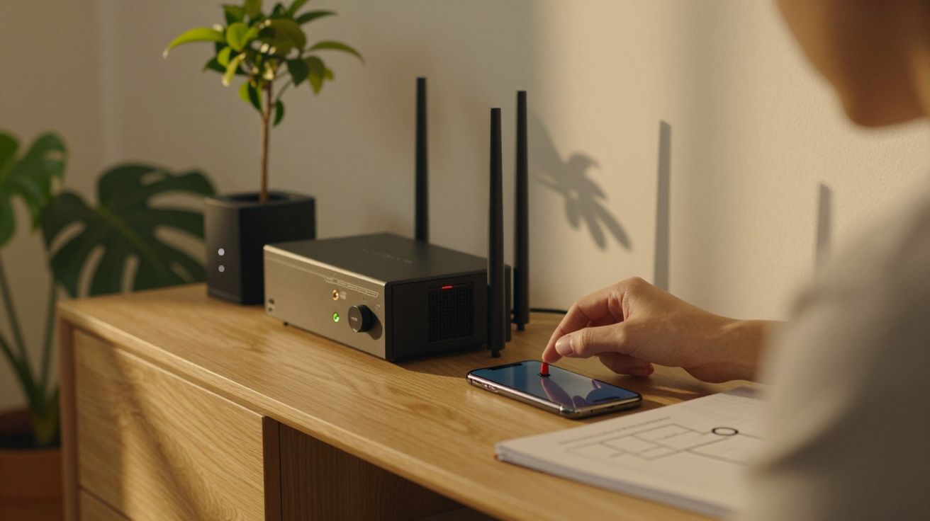 Pessoa usa smartphone sobre mesa de madeira com dispositivo eletrónico e plantas ao fundo, numa sala iluminada.