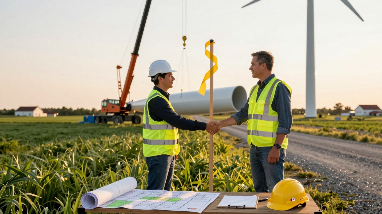 Duas pessoas de coletes refletores apertam as mãos num campo eólico ao lado de turbinas eólicas e um guindaste.