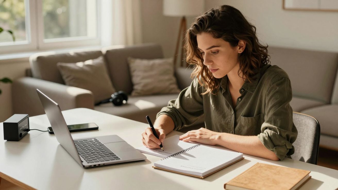 Mulher escrevendo num caderno ao lado de um laptop numa sala iluminada pelo sol.