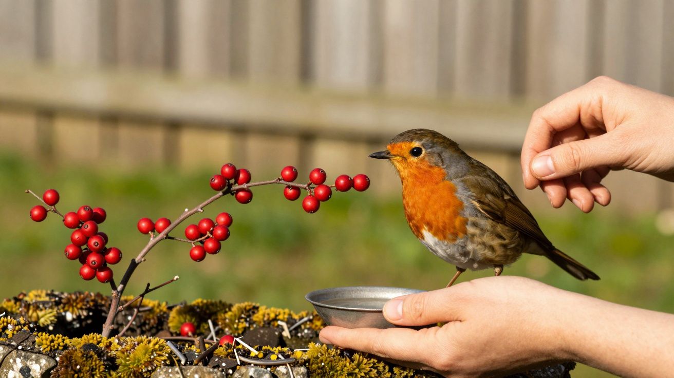 Pássaro pousado em mão com prato de sementes, perto de galho com bagas vermelhas. Fundo desfocado.