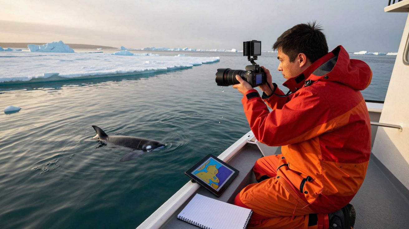 Fotógrafo em barco fotografa orca na água ártica, com tablet e bloco de notas ao lado.