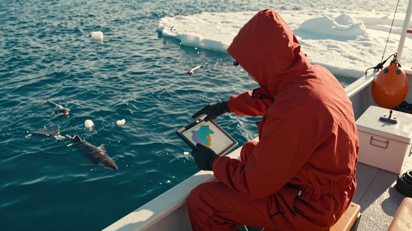 Pessoa de fato térmico no barco, observa tablet enquanto golfinhos nadam no mar gelado, com icebergs ao fundo.