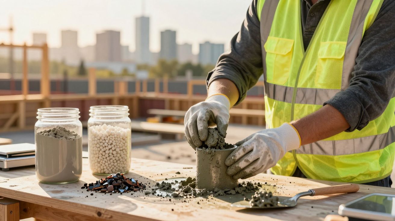 Trabalhador de construção em colete refletor molda cimento numa obra ao ar livre, com materiais ao redor.