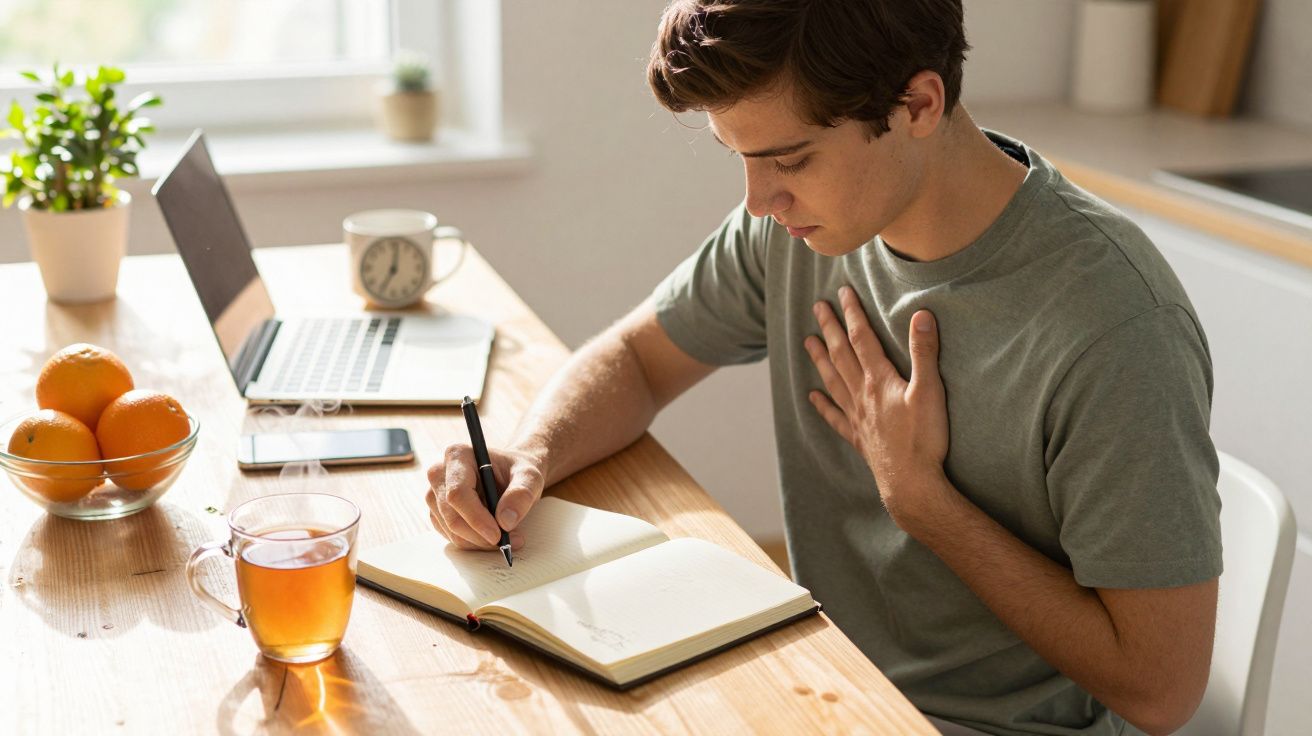 Jovem sentado à mesa com chá, escrevendo num caderno, laptop desligado ao fundo, luz solar entrando pela janela.