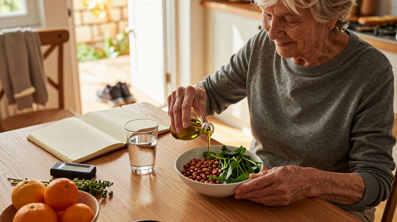 Idosa veste cinza, sentada à mesa de madeira, coloca azeite numa salada de feijão e espinafres.