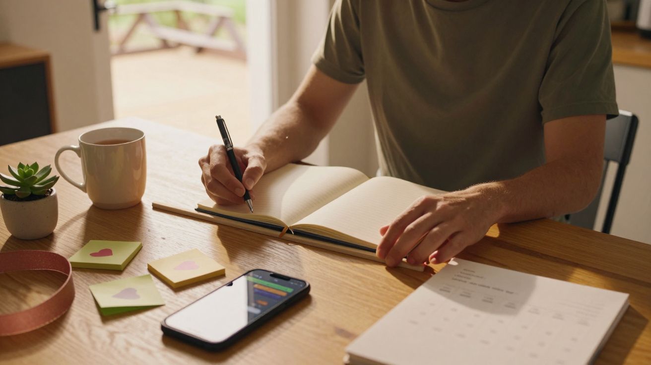 Pessoa a escrever num caderno numa mesa com smartphone, chávena, caderno, post-its e suculenta.
