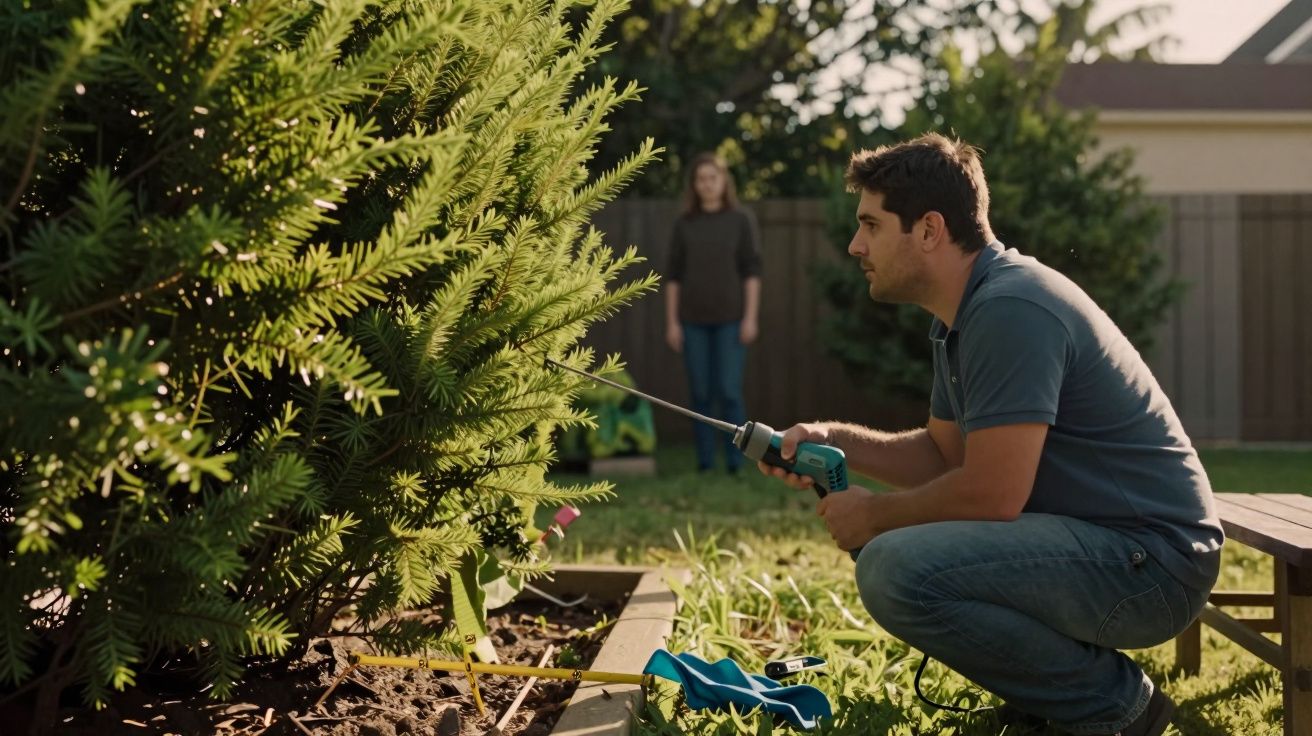 Homem a podar arbusto com ferramenta elétrica num jardim, com mulher ao fundo perto de vedação.