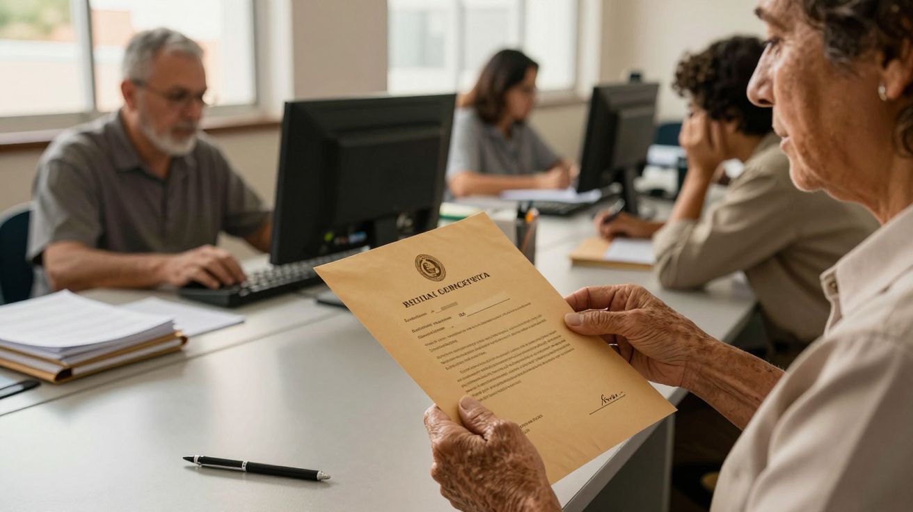 Mulher segura diploma em sala com pessoas a trabalhar em computadores.