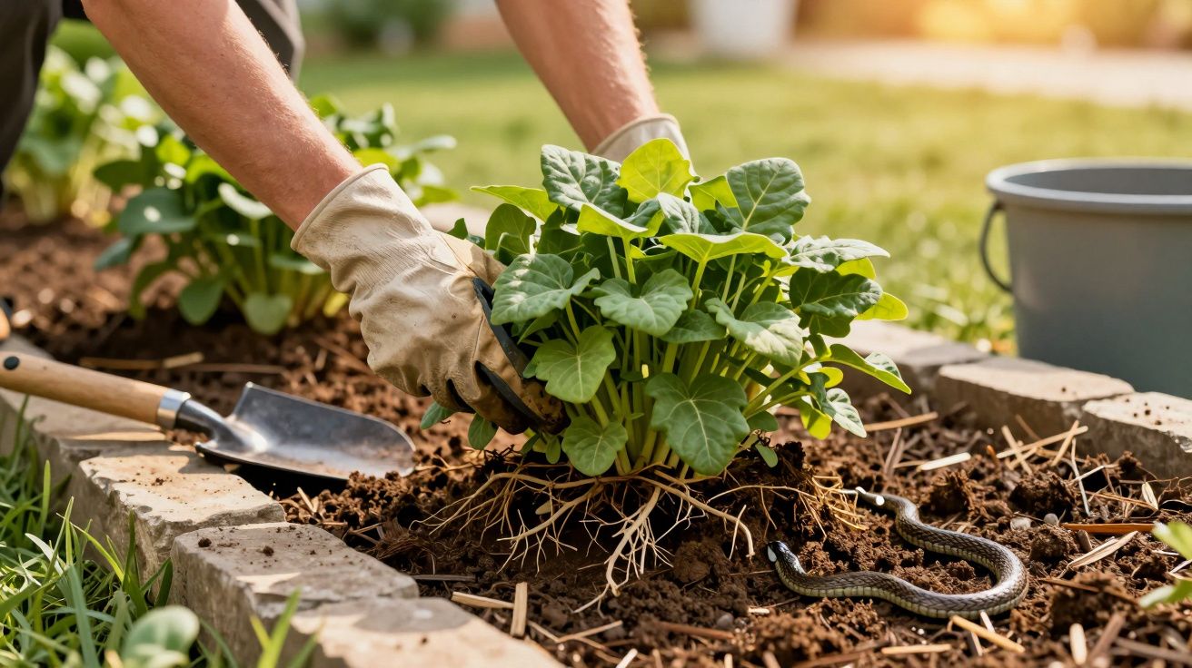 Pessoa a plantar couves num jardim com uma cobra no solo, ao lado de uma pá e um balde.