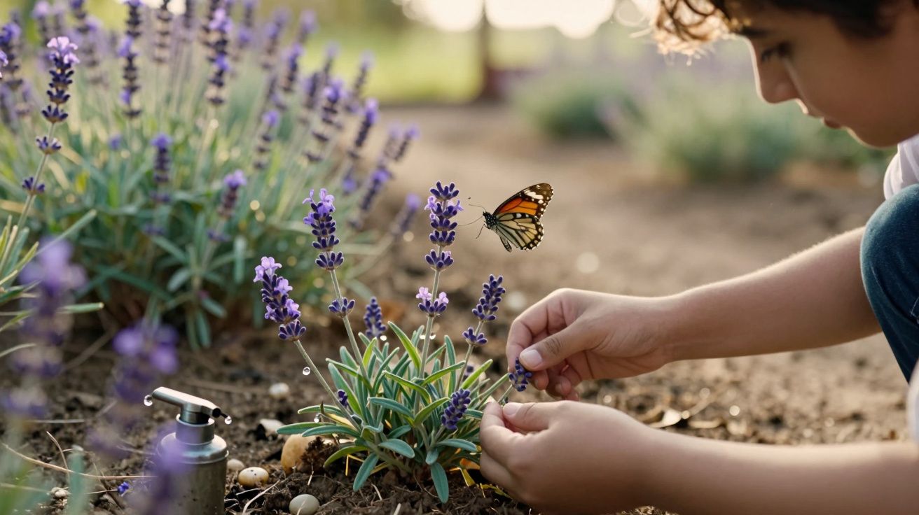 Criança a cuidar de lavanda com borboleta pousada, ao lado de um frasco pequeno sobre a terra.