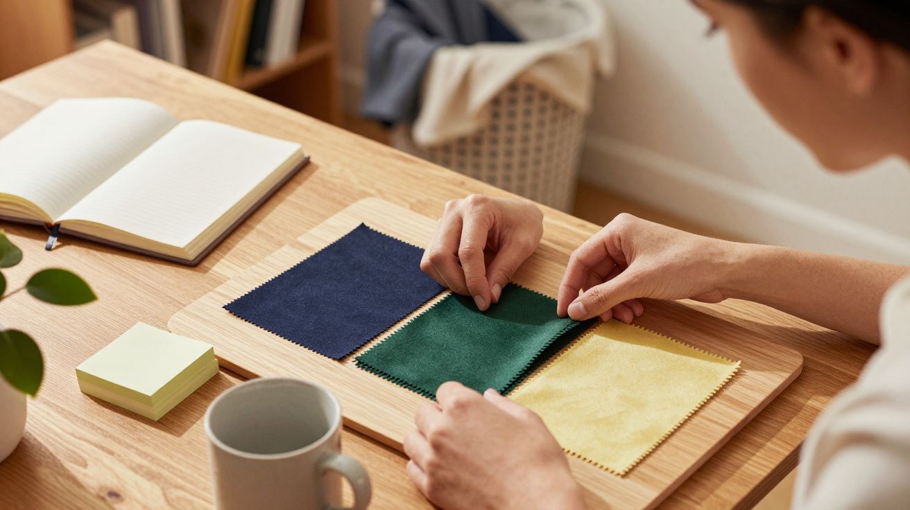 Pessoa seleciona amostras de tecido azul, verde e amarelo sobre uma mesa de madeira com caderno e caneca.