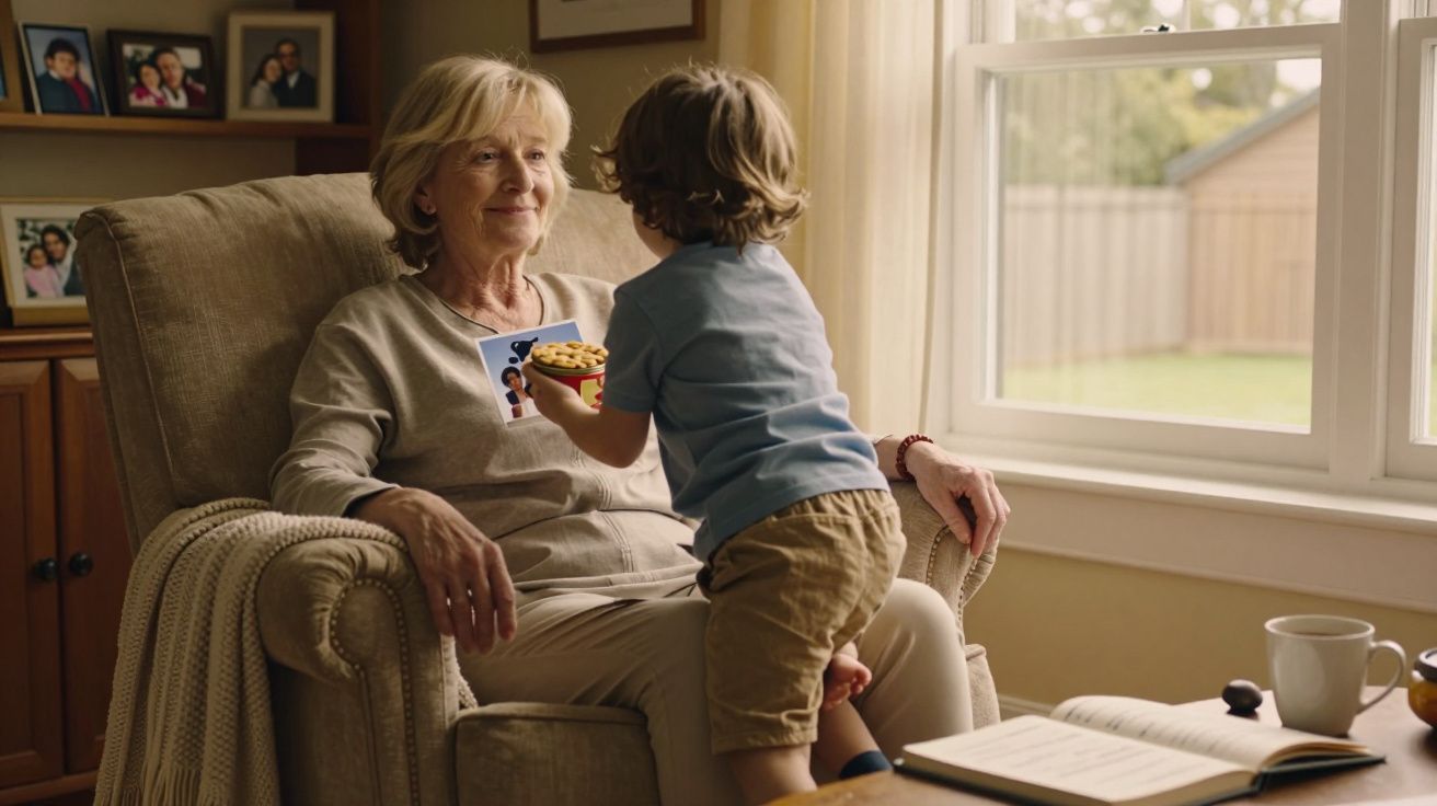 Mulher idosa sentada numa poltrona, enquanto uma criança lhe oferece um lanche em ambiente de sala acolhedora.