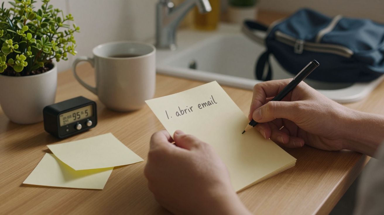 Mãos seguram nota amarela com "1. abrir email", ao lado de chávena, relógio e planta numa mesa de madeira.
