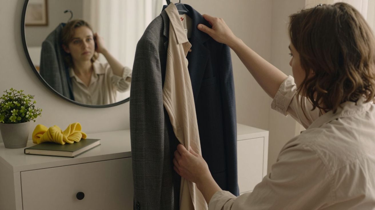 Mulher escolhe roupa, segurando dois casacos com espelho atrás e uma planta sobre a cómoda.