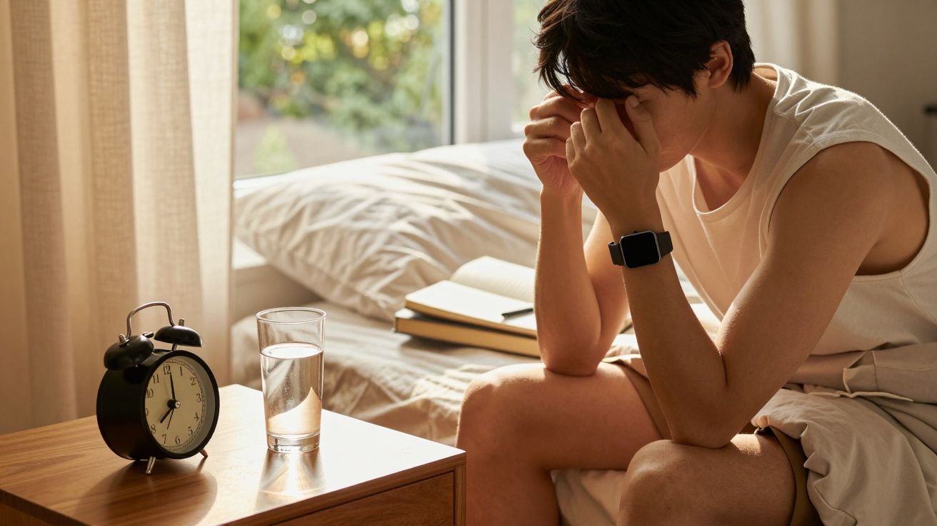 Homem sentado na cama, segurando a cabeça, ao lado de um despertador e um copo de água numa mesa.