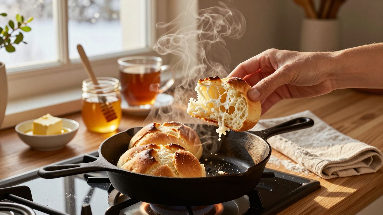 Mão segurando pão fresco, quente e fumegante em frigideira, com chá e mel ao fundo, em cozinha iluminada.
