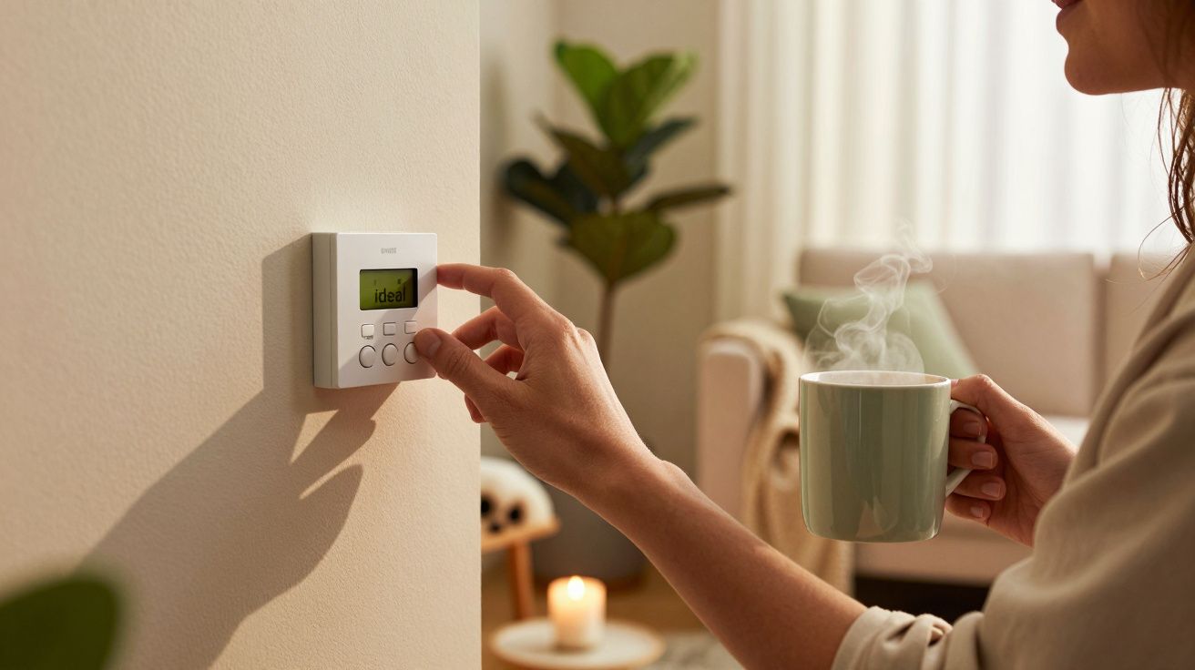 Pessoa ajusta termostato numa sala aconchegante enquanto segura uma caneca de café quente.