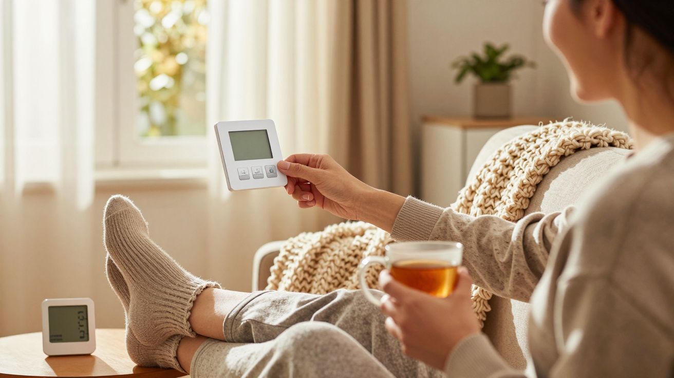 Mulher sentada no sofá ajusta termostato remoto enquanto segura chá, usando meias cinzas numa sala aconchegante.