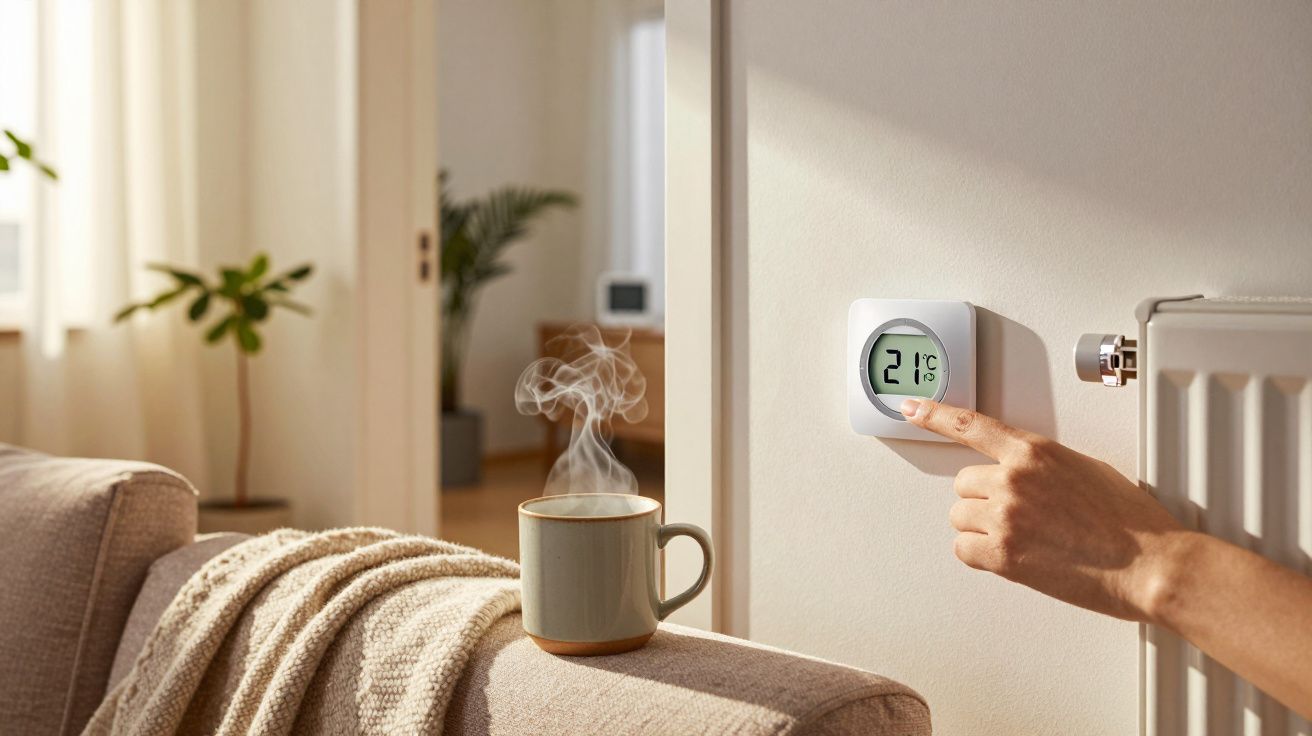Pessoa ajusta termostato digital na parede da sala, chá fumegante sobre a mesa ao lado.