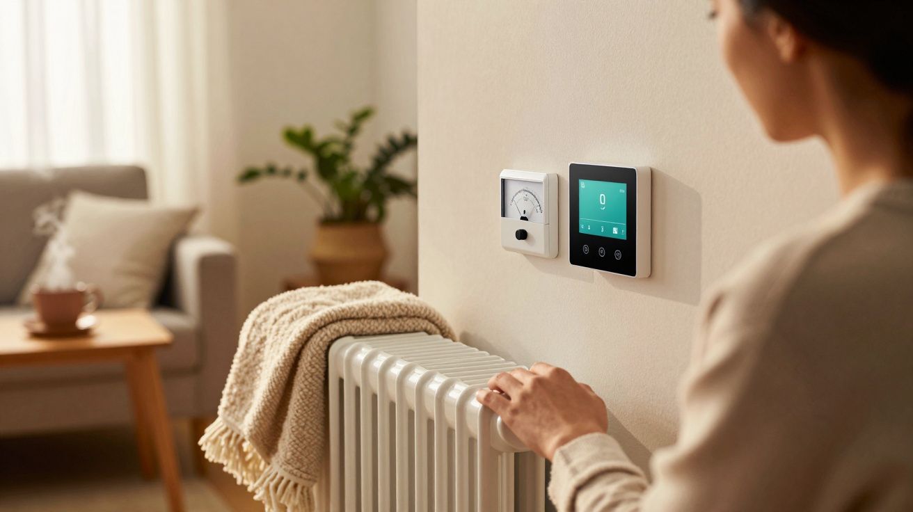 Mulher ajusta aquecedor moderno numa sala aconchegante, com termóstato digital na parede.