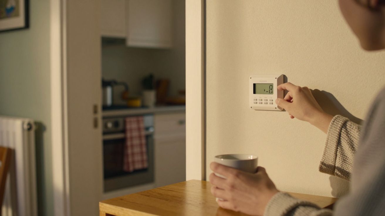 Pessoa ajusta termostato numa parede, segurando uma caneca. Cozinha desfocada ao fundo.
